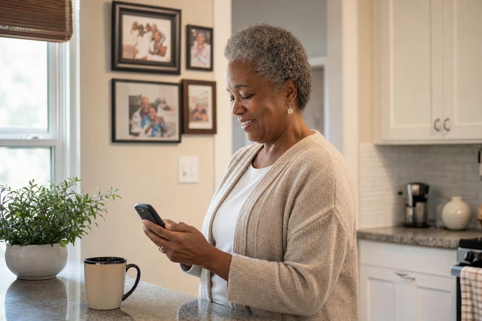 Older woman standing in her sunny kitchen smiling as she replies to a text on her phone