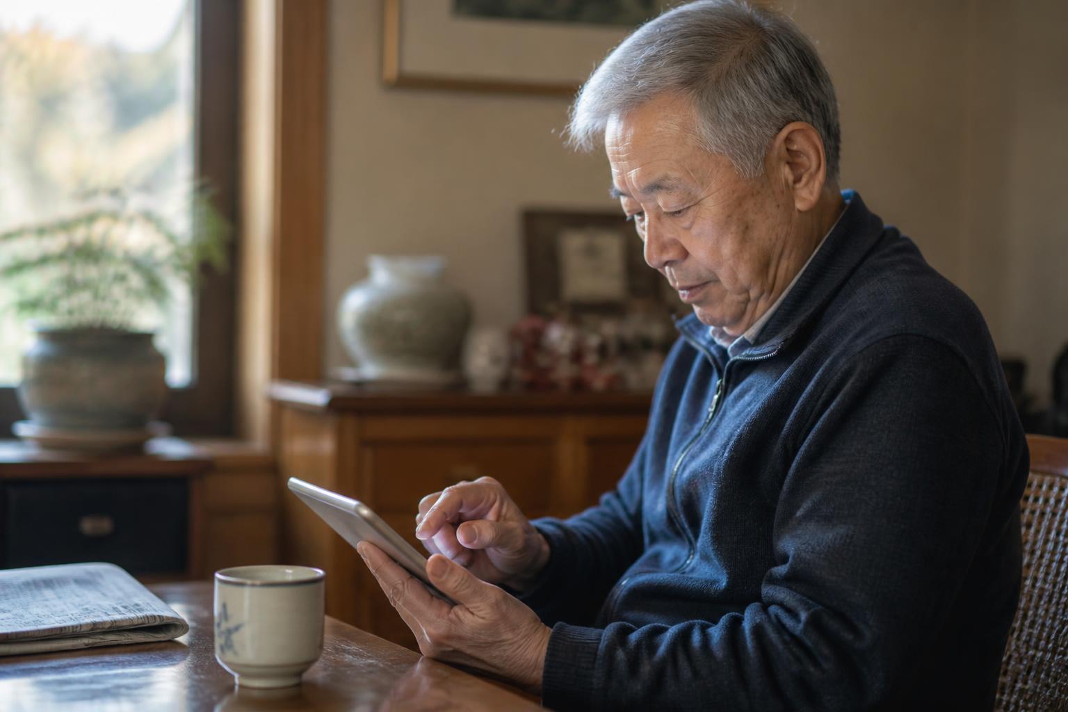 A senior man in his seventies concentrating as he taps something on a tablet at his dining table