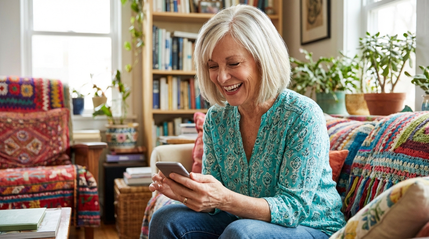 Senior woman checking her phone while sitting comfortably at home