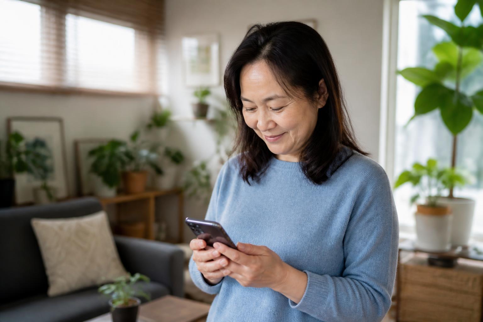 A person who lives alone checking a daily safety check-in message on their phone at home
