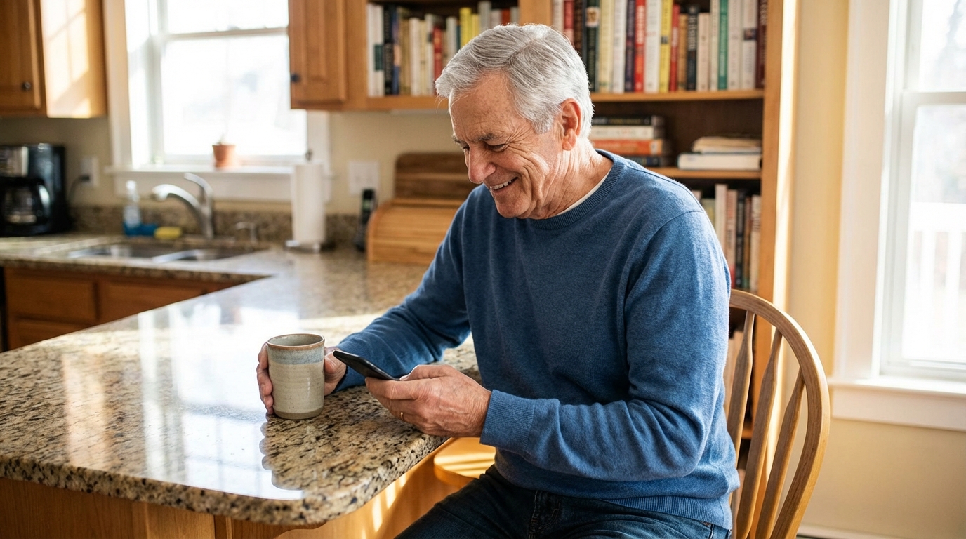 Senior man smiling while checking his phone at the kitchen counter with a cup of coffee