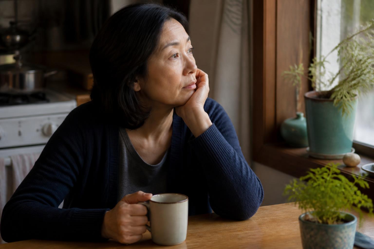 A weary middle-aged woman sitting alone at a kitchen table with a cup of coffee, looking out the window in a quiet, reflective moment