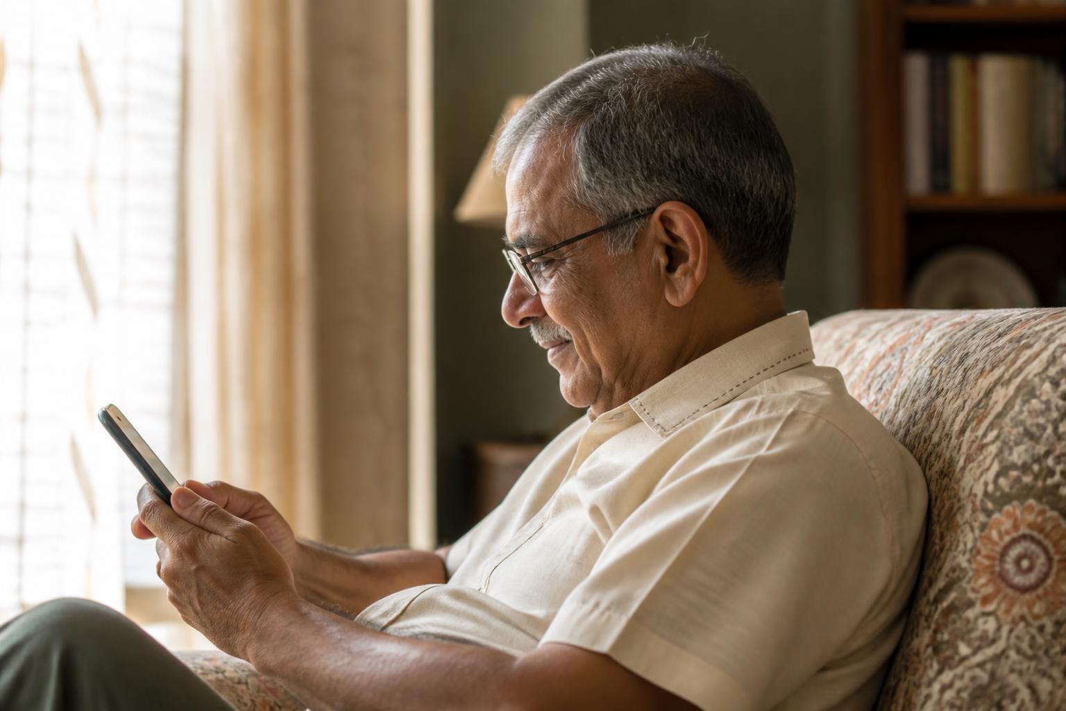 Senior reading a daily check-in text message on a smartphone at home