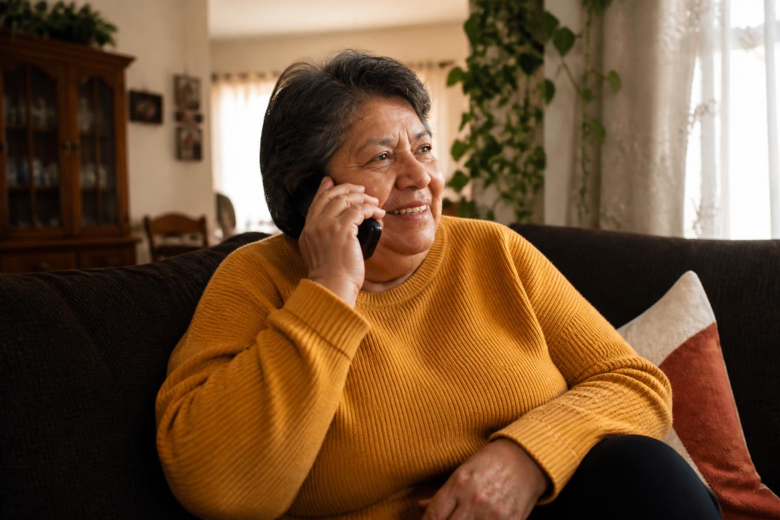 Senior woman at home holding a phone after a daily check-in call