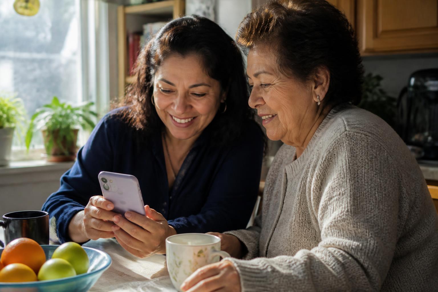 An adult daughter and her senior mother smiling together while looking at a phone in a sunlit kitchen