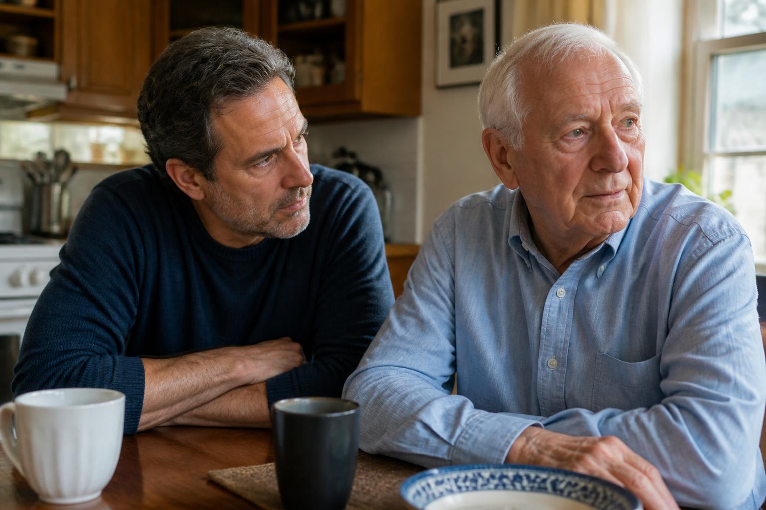 An adult son sitting at a kitchen table with his older father, mid-conversation, listening patiently while the older man looks away
