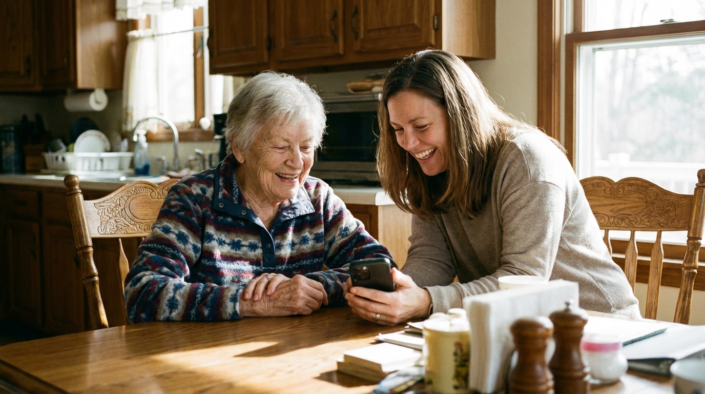 Adult daughter and elderly mother sharing a warm moment together