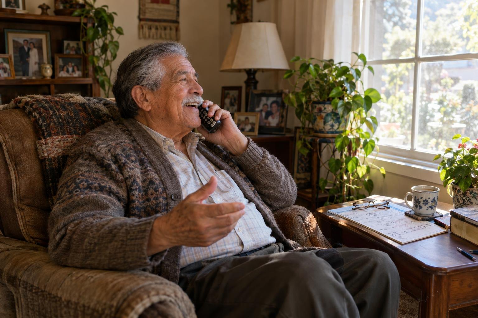 Older man in a cardigan laughing on a cordless phone in his armchair by a sunny window