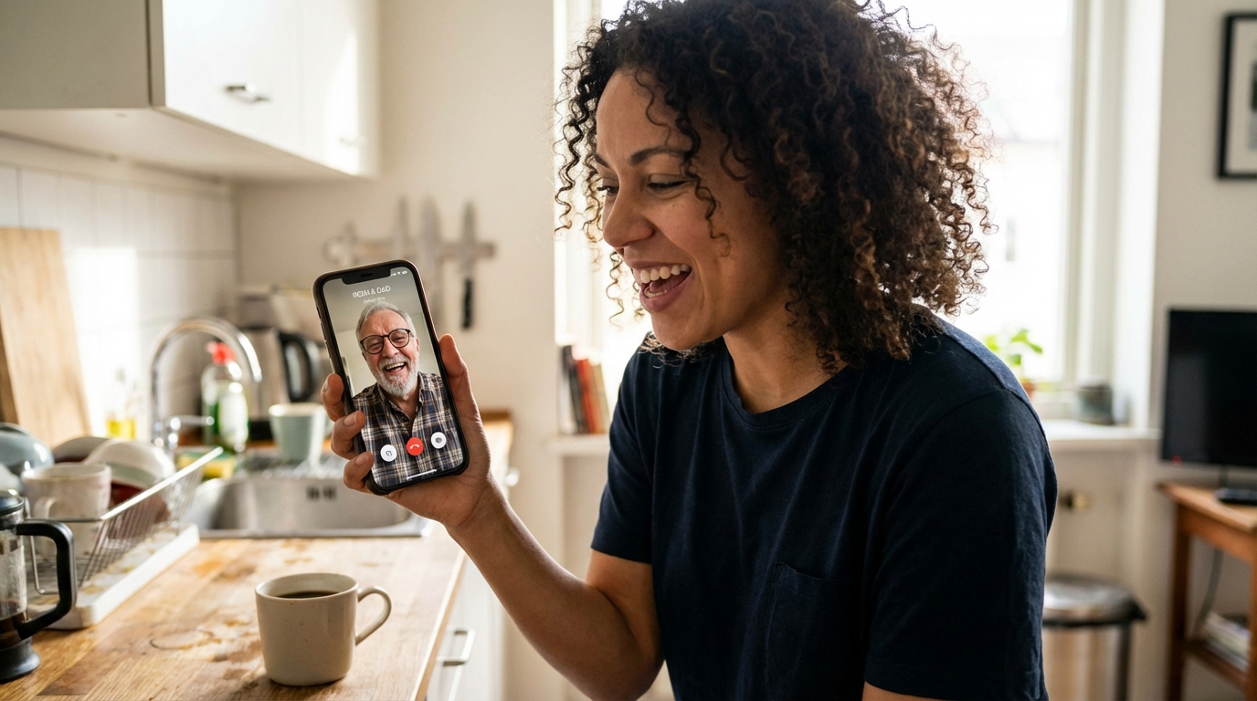 Adult child video calling their elderly parent on a tablet