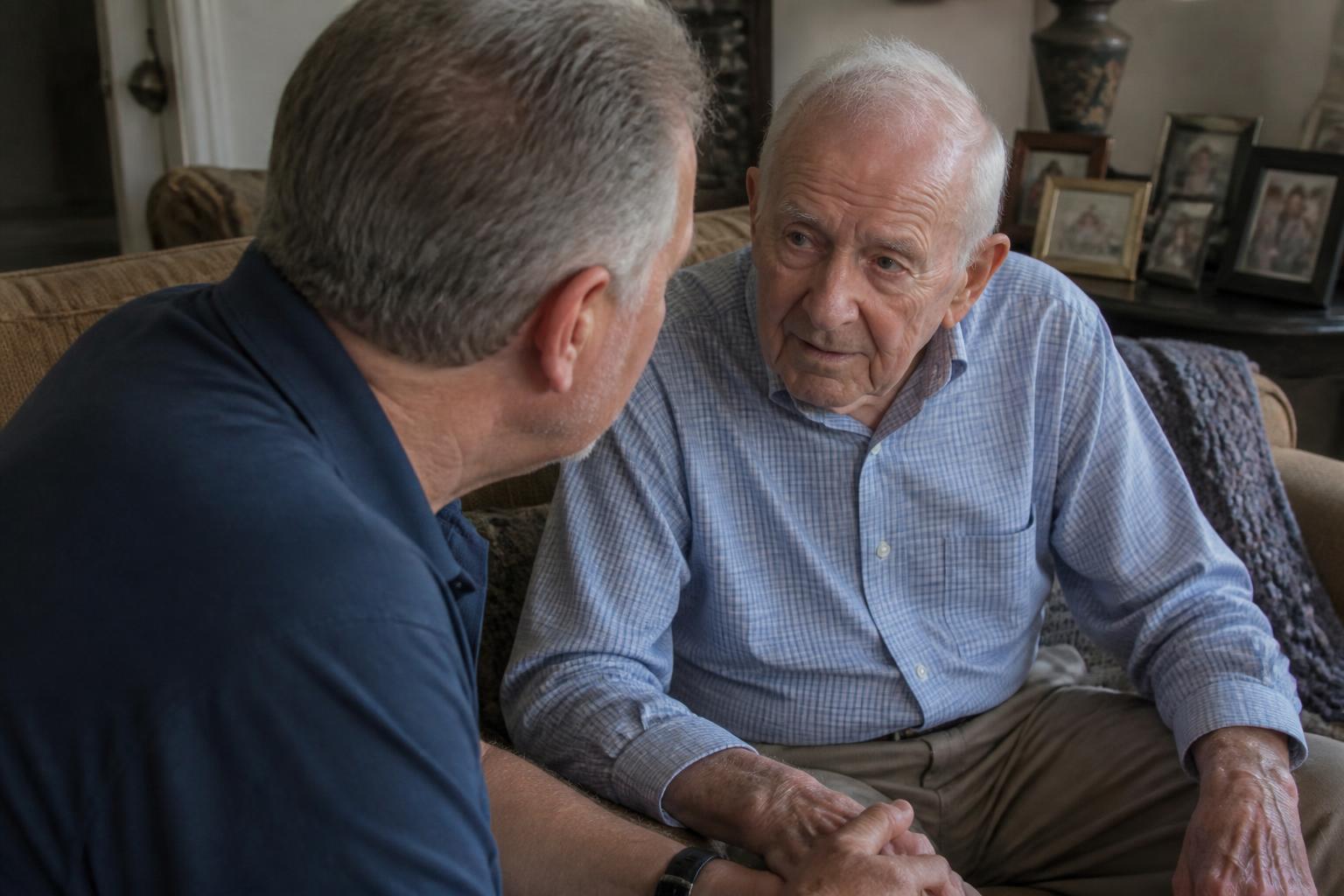 An adult son and his elderly father sitting close on a sofa in serious, gentle conversation