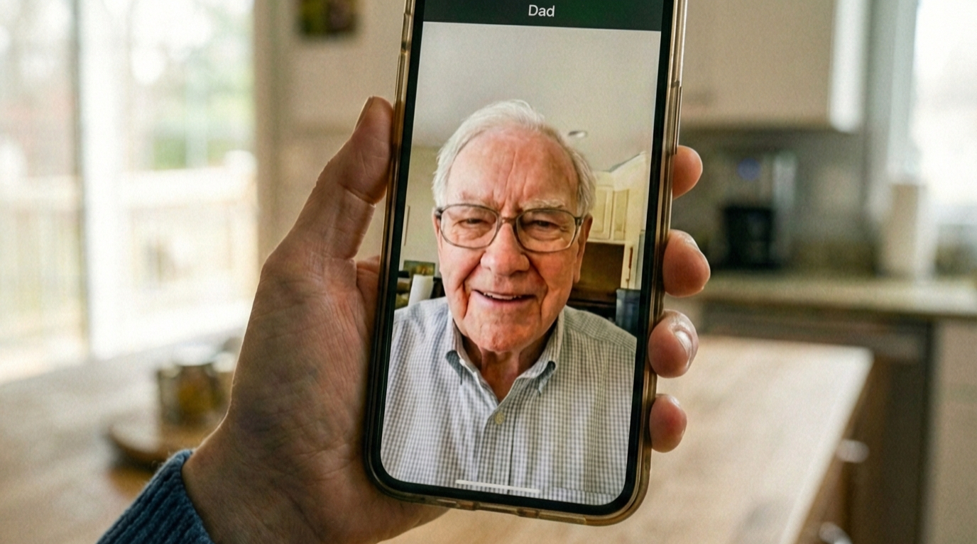 Hand holding a phone on a video call with an elderly father smiling in a kitchen