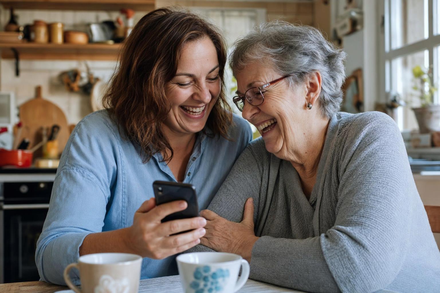 Older woman sitting at home checking a daily check-in notification on her smartphone