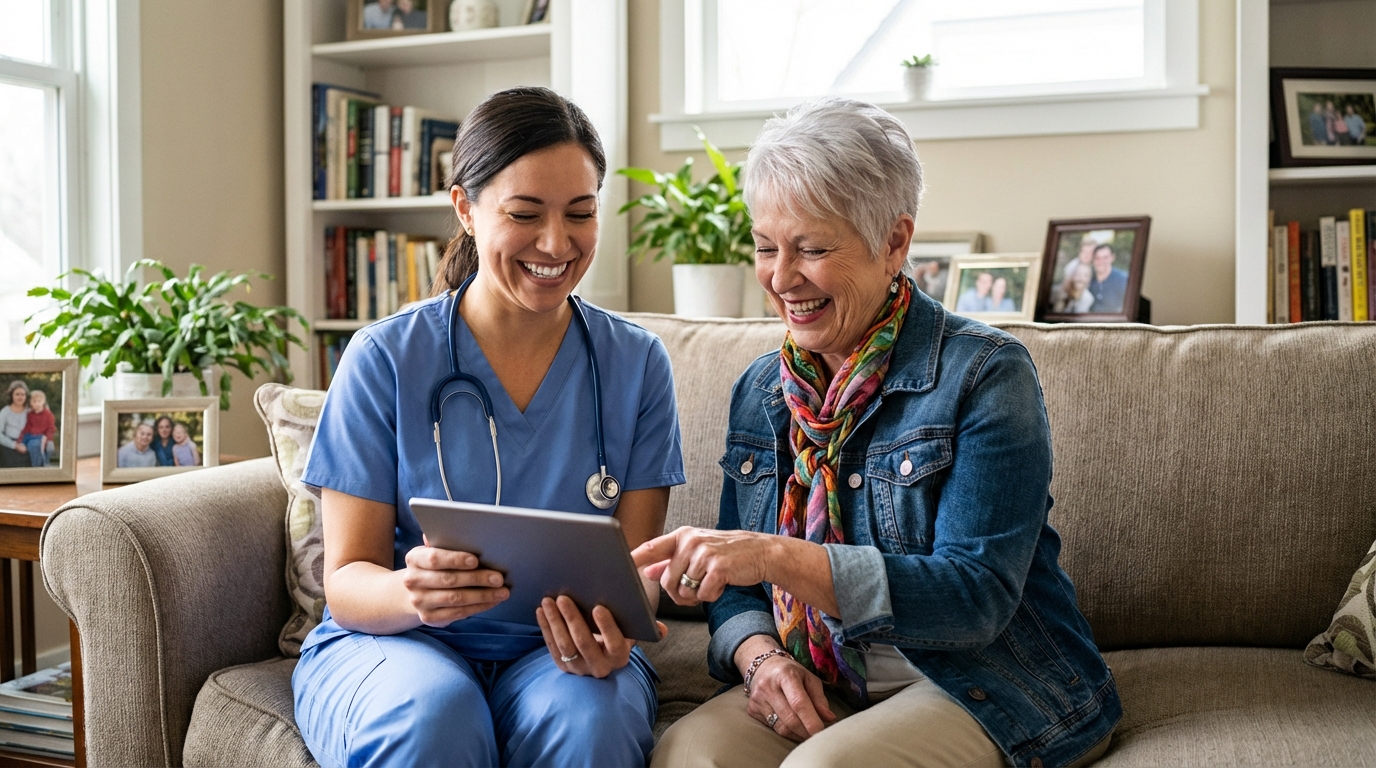 Nurse conducting a wellness check with an elderly woman in her home