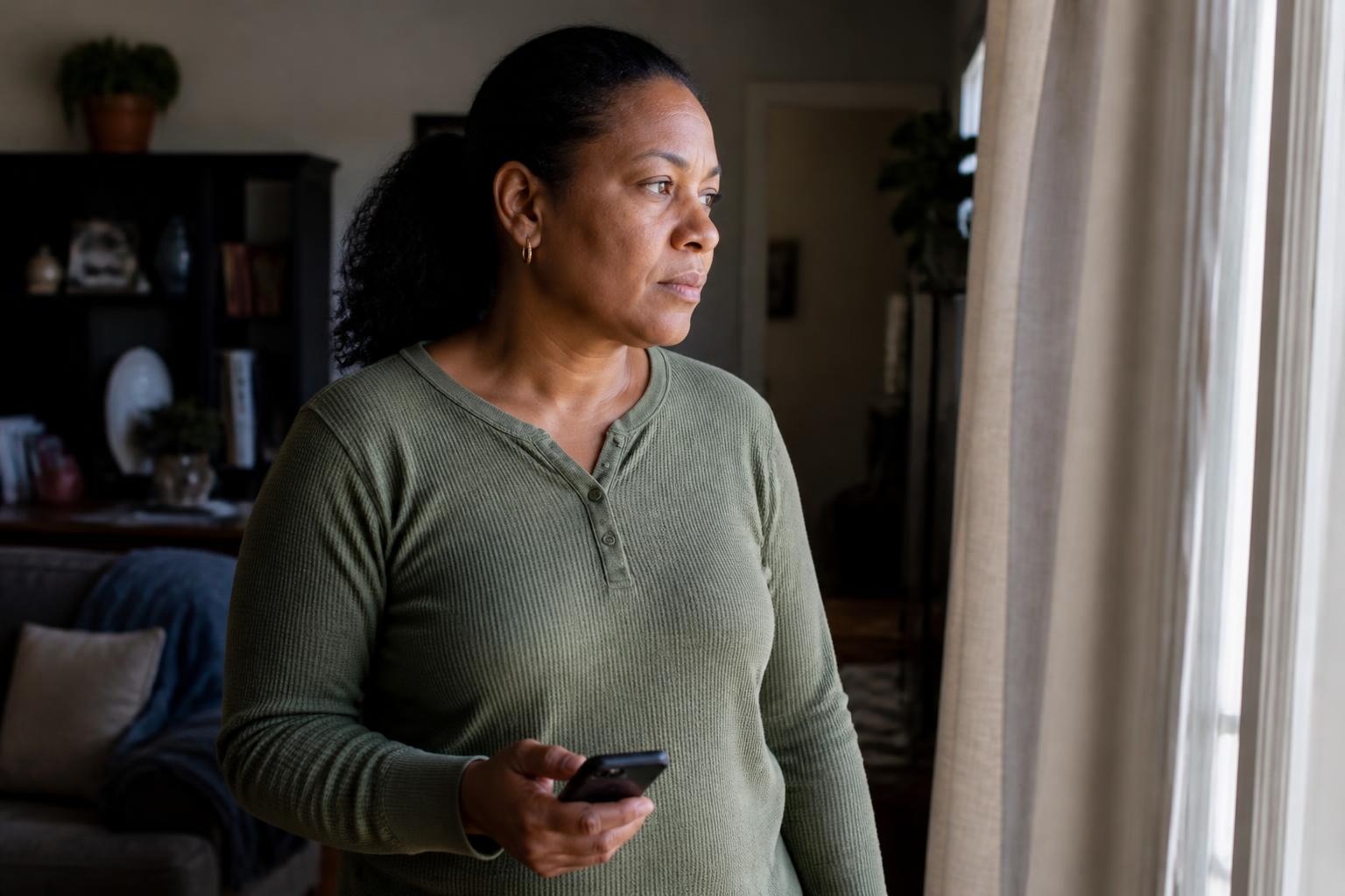 A middle-aged woman looking thoughtful and concerned while holding her phone by a window at home